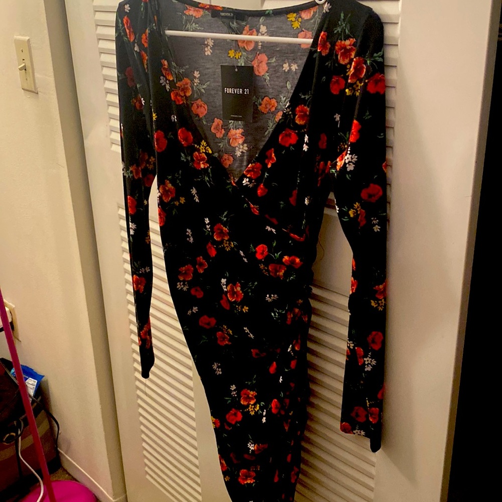 Long sleeve, v neck, black floral mini dress